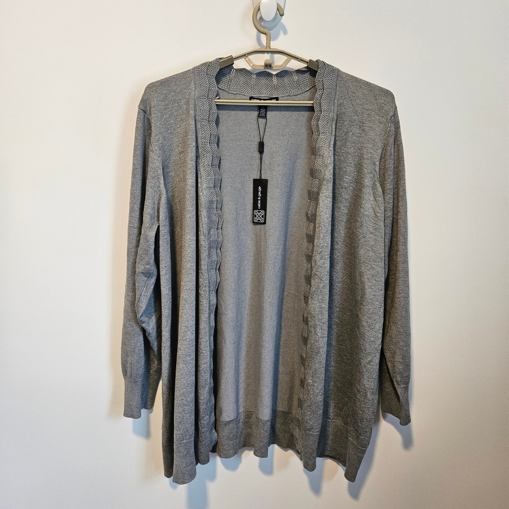 Cable & Gauge Open Front Cardigan Sweater 2X Grey Scalloped Basic New Minimalist